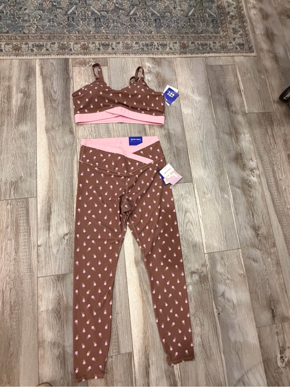 JoyLab Brown Leggings with Pink Floral Print & Pink Waistband